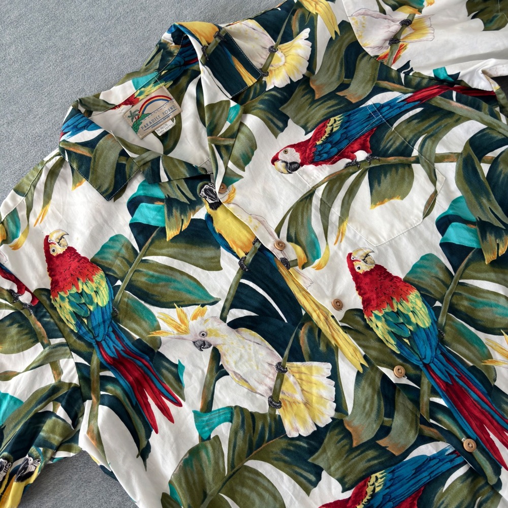 Paradise Found Mens XL Hawaiian Shirt Cotton Parrot Cockatoo Tropical White XL